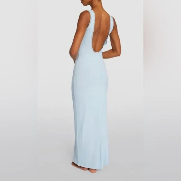 SKIMS Soft Lounge Lace Scoop Neck Long Dress Light Frost Blue Maxi Sleep M  NWT